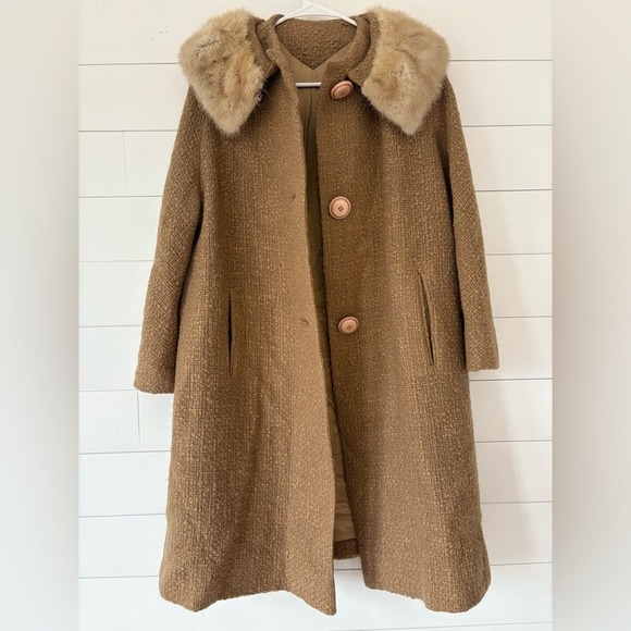 Vintage 1960s Herbert Bass Boucle Wool Coat w/ Genuine Mink Fur Collar